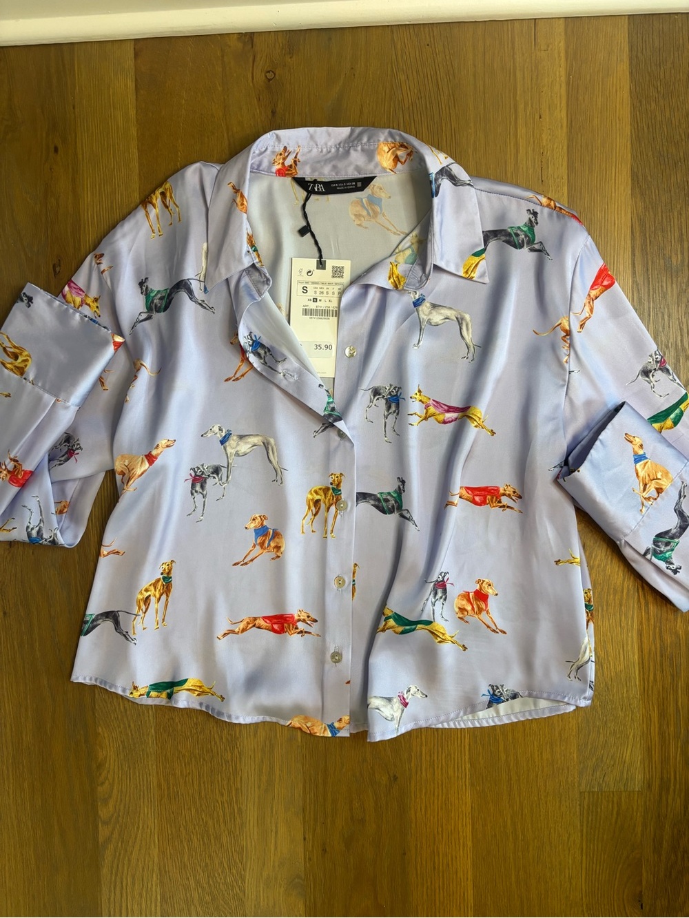 NWT Zara Lavender Button-Front Shirt with Colorful Dog Print